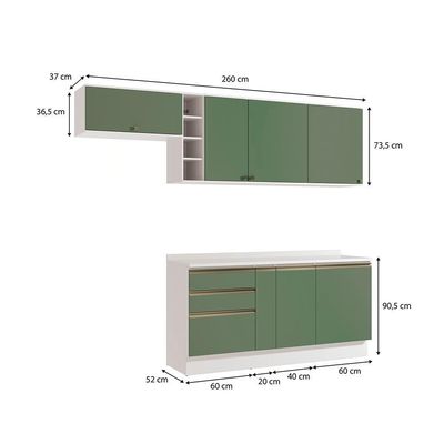 Armário De Cozinha Completa Garrafeiro 100% Mdf 260cm Branco/verde Celeste Kappesberg