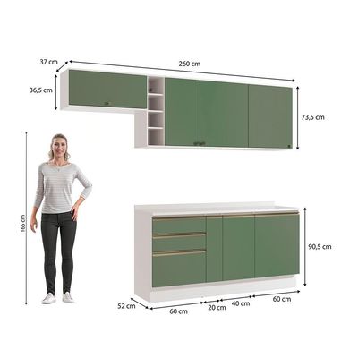 Armário De Cozinha Completa Garrafeiro 100% Mdf 260cm Branco/verde Celeste Kappesberg