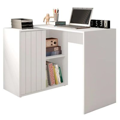 Mesa Para Escritório Home Office 1 Porta Ripada Tech Branco Fosco - Caemmun