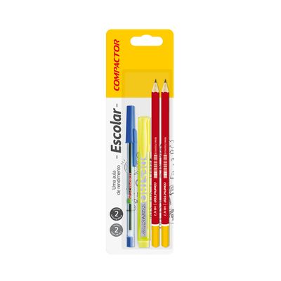 Kit Escrita Compactor com 2 Lápis Pretos HB Nº2, 1 Caneta Azul 0.7mm e 1 Marcador