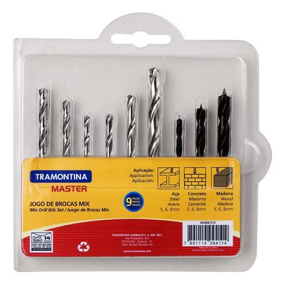 Kit Misto de Brocas 9 Peças para Madeira, Concreto e Aço Master Tramontina n/a