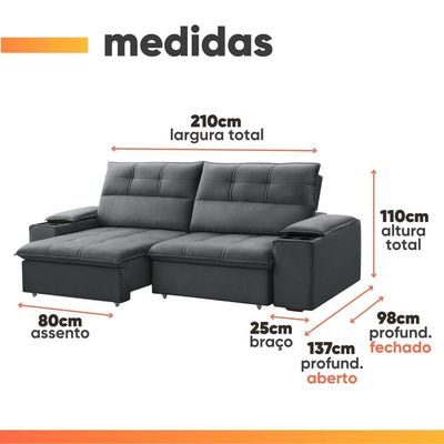 Sofá Retrátil E Reclinável 3 Lugares 2,10m Com Porta Copos Amore Cinza