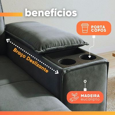 Sofá Retrátil E Reclinável 3 Lugares 2,10m Com Porta Copos Amore Cinza