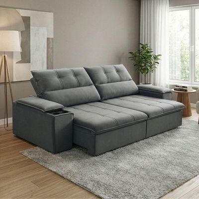 Sofá Retrátil E Reclinável 3 Lugares 2,30m Com Porta Copos Amore Cinza
