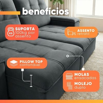 Sofá Retrátil E Reclinável 3 Lugares 2,30m Com Porta Copos Amore Cinza