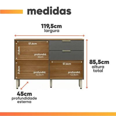 Balcão De Cozinha 1,20m 2 Portas 2 Gavetas Alba Madeirado/grafite