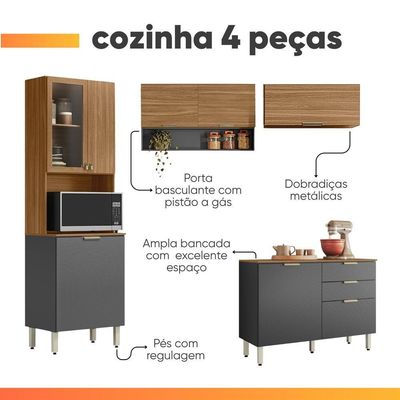 Armário De Cozinha Completa Com Balcão 8 Portas 2 Gavetas 2,50m Alba Demóbile Madeirado/grafite
