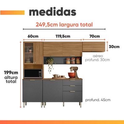 Armário De Cozinha Completa Com Balcão 8 Portas 2 Gavetas 2,50m Alba Demóbile Madeirado/grafite