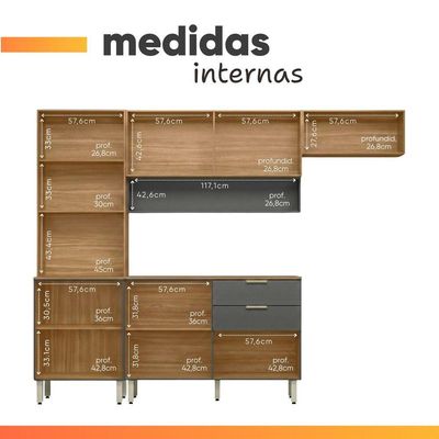 Armário De Cozinha Completa Com Balcão 8 Portas 2 Gavetas 2,50m Alba Demóbile Madeirado/grafite
