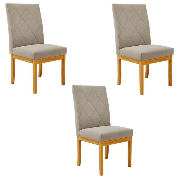 Kit 3 Cadeiras de Sala de Jantar Estofadas Gomes Madeira Maciça Suede Bege G78 - Gran Belo