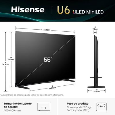 Smart TV 55P 4K UHD 55U6QV 60Hz Vidaa Dolby Vision Hisense Preto / Bivolt