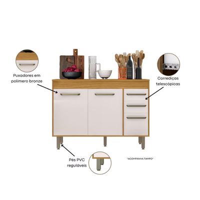 Balcão de Cozinha Poliman Malta 120cm 3 Portas 2 Gavetas com Tampo Freijó Off White Off White