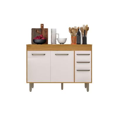 Balcão de Cozinha Poliman Malta 120cm 3 Portas 2 Gavetas com Tampo Freijó Off White Off White