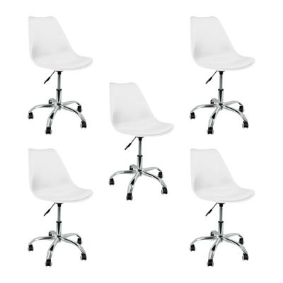 Kit 5 Cadeira Leda Giratória com Almofada e Rodízios Branco