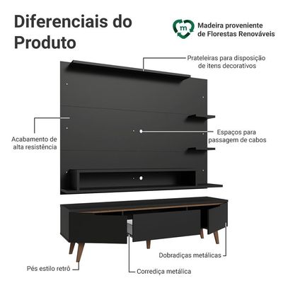 Rack Com Painel Para Tv Até 60 Polegadas 180 Cm Com Pés Preto/rustic Reims Madesa Preto/rustic