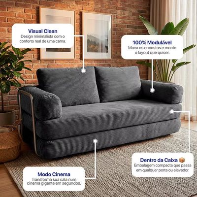Sofá-Cama 3 Lugares SmartBox 1.88m AirPress Compacto XpandTech Espuma D33 Velourê inBox Cinza Escuro