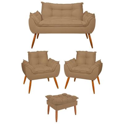 Kit 02 Poltronas + Sofá 2 Lugares Com Puff Opala Balaqui Capuccino