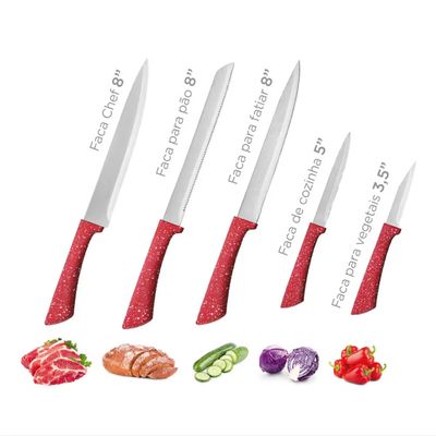 Conjunto Facas Euro Home Colorstone 5 Peças Aço Inox Cabo Ergonômico Design Moderno Vermelho