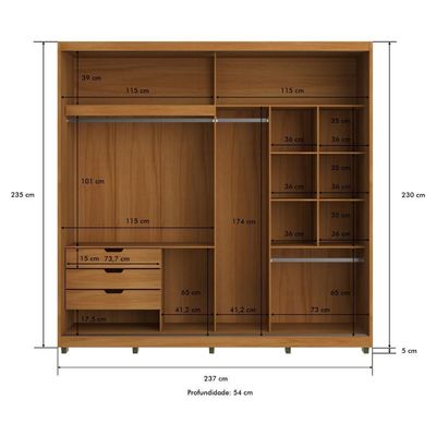 Guarda-roupa Casal Com Espelho 2 Portas Correr 3 Gavetas 237cm Multimóveis Cr35397 Nature