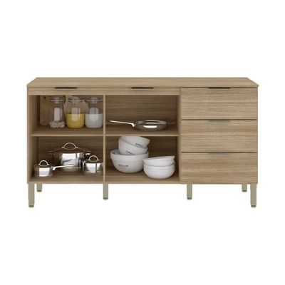Balcão 1600 Glam 2 Portas 3 Gavetas Painel Ripado Freijó Vanilla Kits Paraná Bege