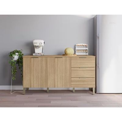 Balcão 1600 Glam 2 Portas 3 Gavetas Painel Ripado Freijó Vanilla Kits Paraná Bege