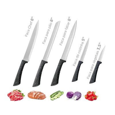 Conjunto Facas Colorstone 5 Peças Aço Inox Cabo Ergonômico Design Moderno Euro Home Preto