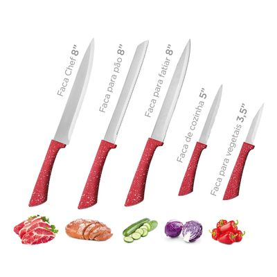 Conjunto Facas Colorstone 5 Peças Aço Inox Cabo Ergonômico Design Moderno Euro Home Vermelho