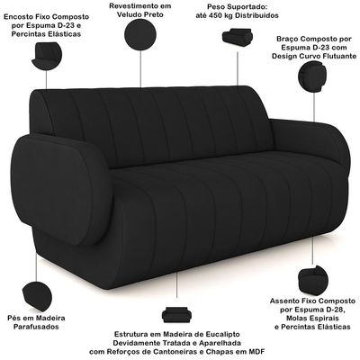 Sofá 3 Lugares Sala Living Orgânico 188cm Fávara K01 Veludo Preto - Lyam Decor