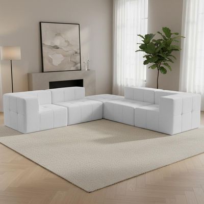 Sofá 5 Lugares Canto Para Sala Living Modular Com Puff Lancaster F04 Bouclê Branco - Lyam Decor