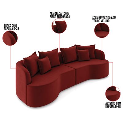 Sofá 4 Lugares Orgânico Living 250cm Mersa Veludo Vermelho K01 - D'Rossi