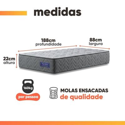 Colchão Solteiro Molas Ensacadas Atlanta 88x188x22cm Cinza