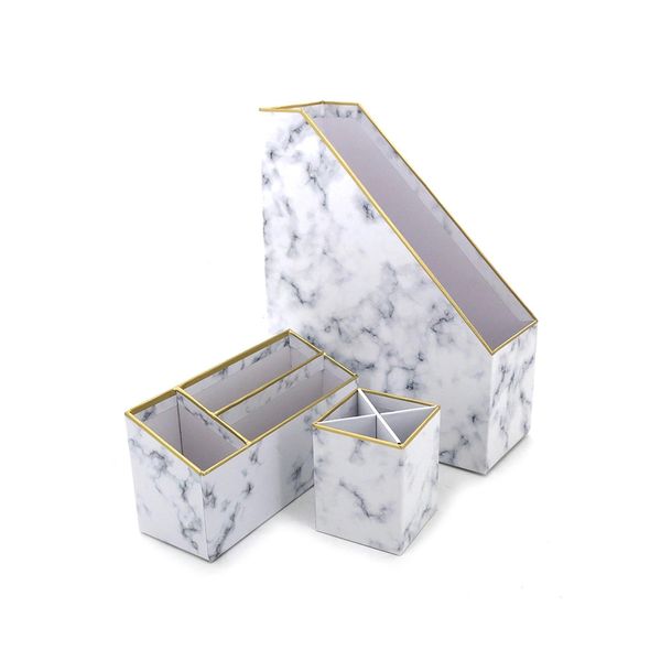 Kit Office Le Mármore Cinza Foil Gold com 1 Porta Revistas, 1 Porta Lápis e 1 Organizador de Mesa Kit Office Le Mármore Cinza Foil Gold com 1 Porta Revistas, 1 Porta Lápis e 1 Organizador de Mesa