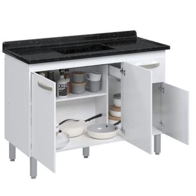 Conjunto Balcão De Cozinha Com Pia Mármore Sintético 2 Porta Branco