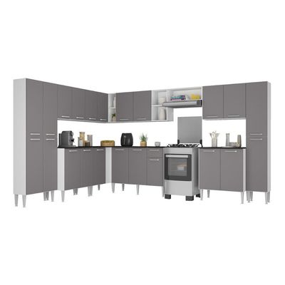 Armário Cozinha Modulada Completa De Canto 534cm Pequim Pop Multimóveis Mp3771 Branco-lacca Fumê