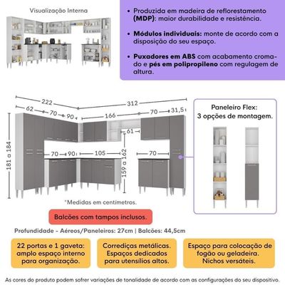 Armário Cozinha Modulada Completa De Canto 534cm Pequim Pop Multimóveis Mp3771 Branco-lacca Fumê