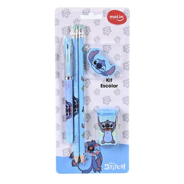 Kit Escolar Molin Stitch com 1 Caneta + 2 Lápis + 1 Apontador + 1 Borracha