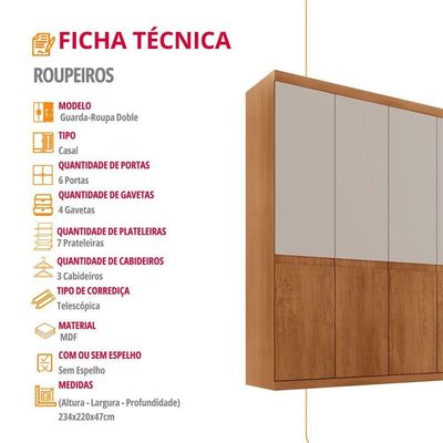 Guarda Roupa Casal Bipartido Doble Mdf 6 Portas 4 Gavetas Naturalle-off White Sem Pés