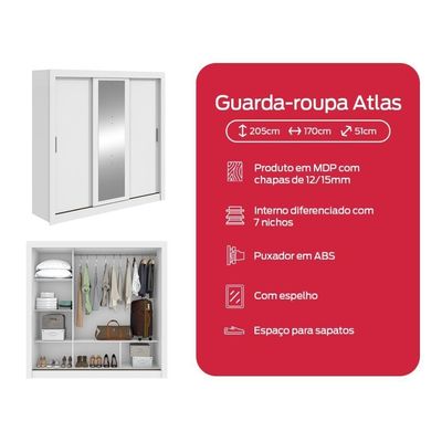 Guarda Roupa Casal 3 Portas Com Espelho Atlas Branco