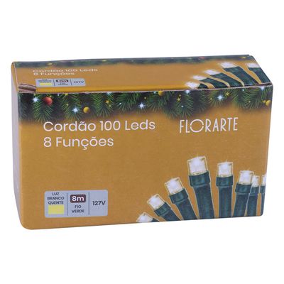Cordão 100 LEDs Fio Verde com 8 Funções 127V Branco Quente 8m D&A