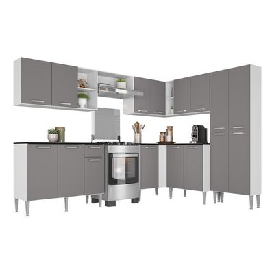 Armário Cozinha Modulada Completa De Canto 432,5cm Pequim Pop Multimóveis Mp3773 Branco-lacca Fumê