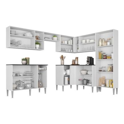 Armário Cozinha Modulada Completa De Canto 432,5cm Pequim Pop Multimóveis Mp3773 Branco-lacca Fumê