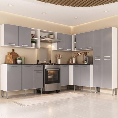 Armário Cozinha Modulada Completa De Canto 432,5cm Pequim Pop Multimóveis Mp3773 Branco-lacca Fumê