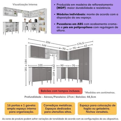 Armário Cozinha Modulada Completa De Canto 432,5cm Pequim Pop Multimóveis Mp3773 Branco-lacca Fumê