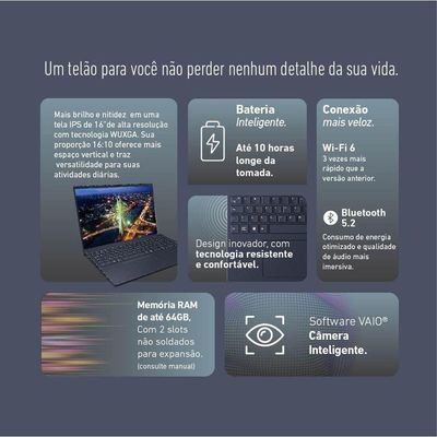 Notebook Vaio FE16 AMD Ryzen 7-5825U Linux 8GB RAM 256GB SSD 16" IPS WUXGA Antirreflexo Cinza Grafite