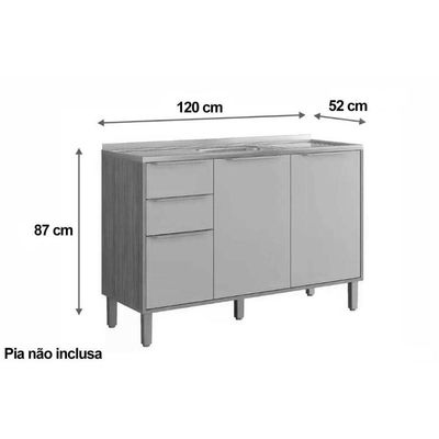 Balcão Cozinha Modulado Brilhante C/ 3 Portas E 2 Gavetas S/tampo 120cm Cinamomo/off Mgm