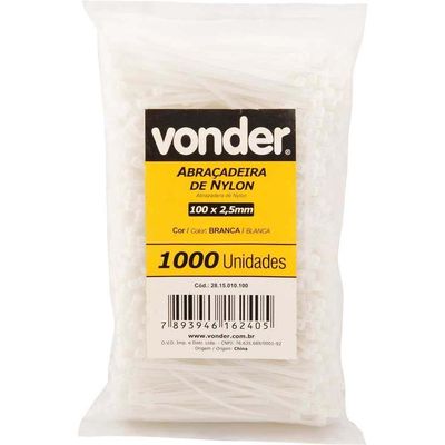 Abraçadeira De Nylon, Branca, 100 Mm X 2,5 Mm, Com 1.000 Peças, Vonder