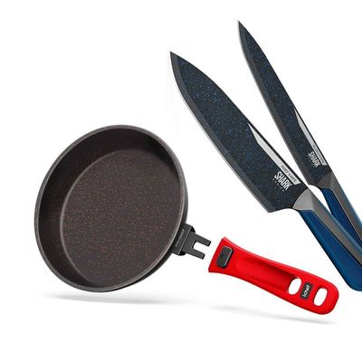 Panelas Ultra Day By Day 24cm Com Tampa De Vidro Vermelho E Kit Com 2 Facas Revestimento Ichef Blue | Ichef