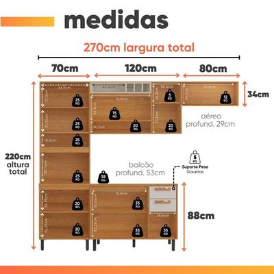 Armário De Cozinha Completa 10 Portas 2 Gavetas Núbia Madeirado/off White Madeirado/off White