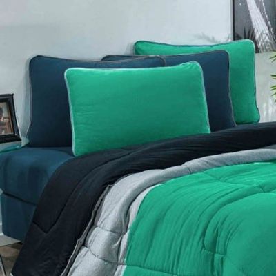 Kit Edredom Malha 100% Algodão Urbano 3 Peças Casal - Verde Jade/Mescla/Preto
