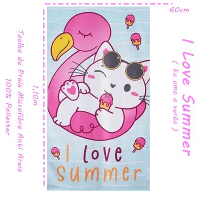 Toalha de Praia KazzaVip Microfibra 100% Poliéster Estampada Anti Areia I Love Summer 60cm x 110m Verde